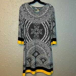 Black Print Dress White, Yellow Small Midi Long sleeve HAANI Church, Cocktail